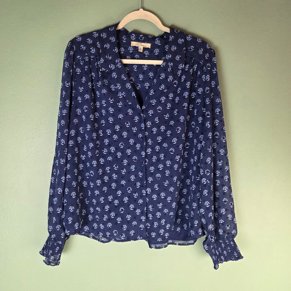 Les Serein Womens XL Blue Floral Print Hartley Clip Dot Button Down Blouse Top